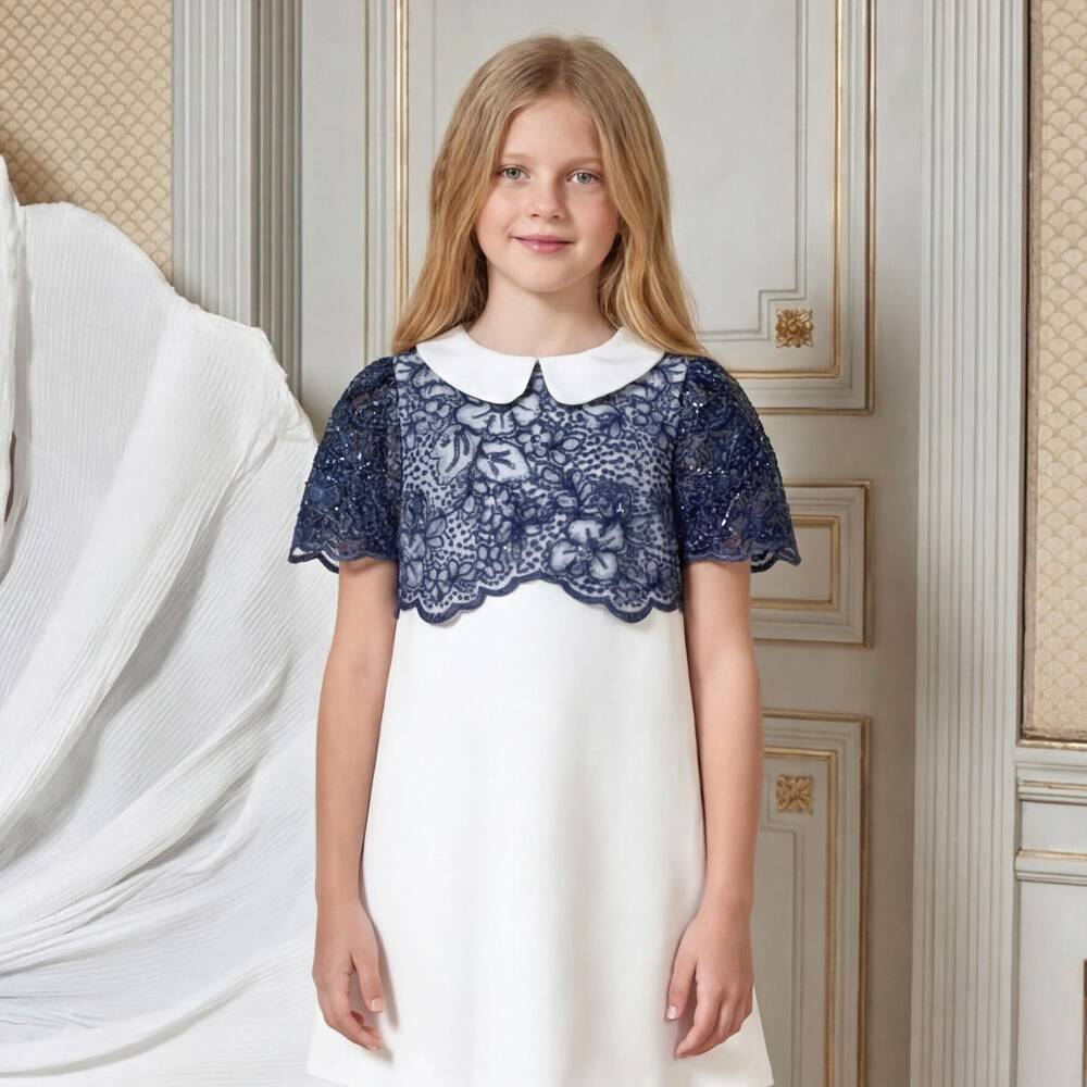 Patachou-Girls Ivory Dress with Sparkling Navy Blue Lace | Childrensalon