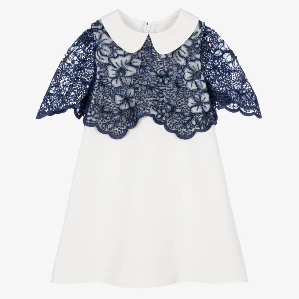 Patachou-Girls Ivory Dress with Sparkling Navy Blue Lace | Childrensalon