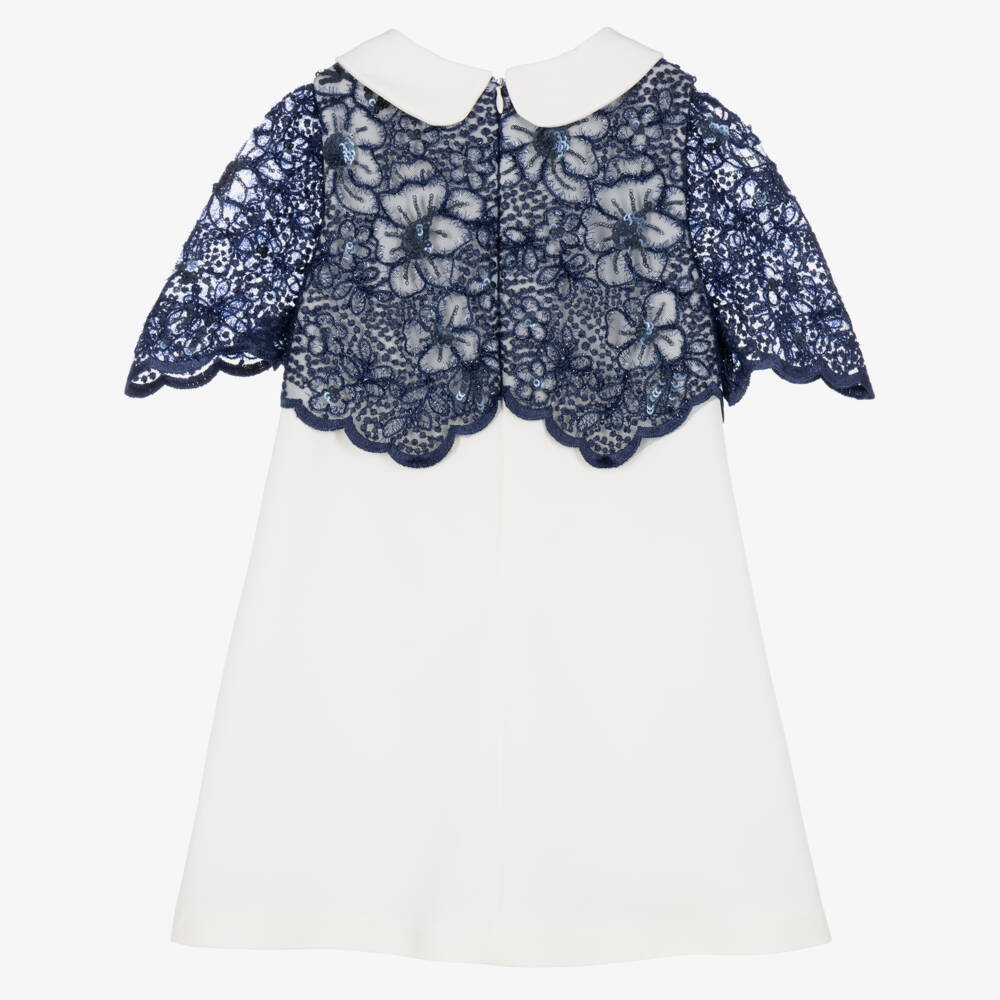 Patachou-Girls Ivory Dress with Sparkling Navy Blue Lace | Childrensalon