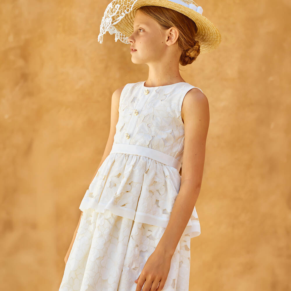 Patachou-فستان قطن مزين بورود مقصوصة لون عاجي للبنات | Childrensalon