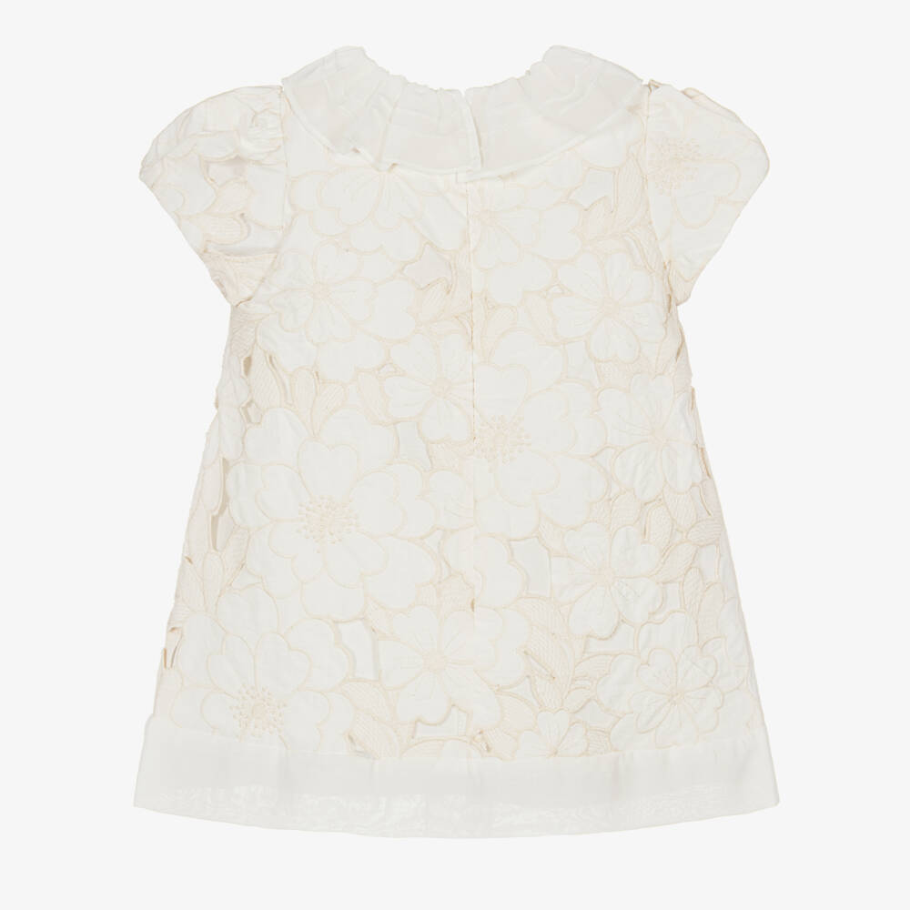 Patachou-Girls Ivory Floral Cutwork Cotton Dress with Chiffon Trim | Childrensalon