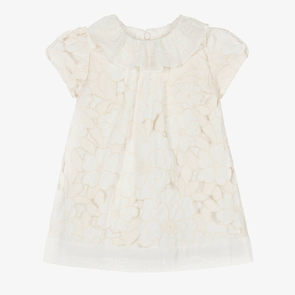 Patachou-Girls Ivory Floral Cutwork Cotton Dress with Chiffon Trim | Childrensalon
