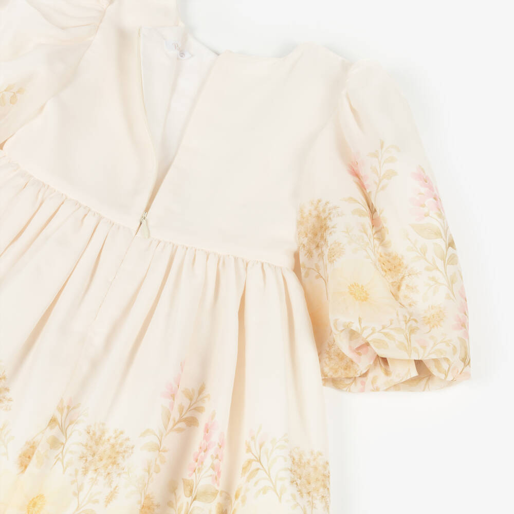 Patachou-Girls Ivory Floral Print Chiffon Dress with Ruched Bodice | Childrensalon