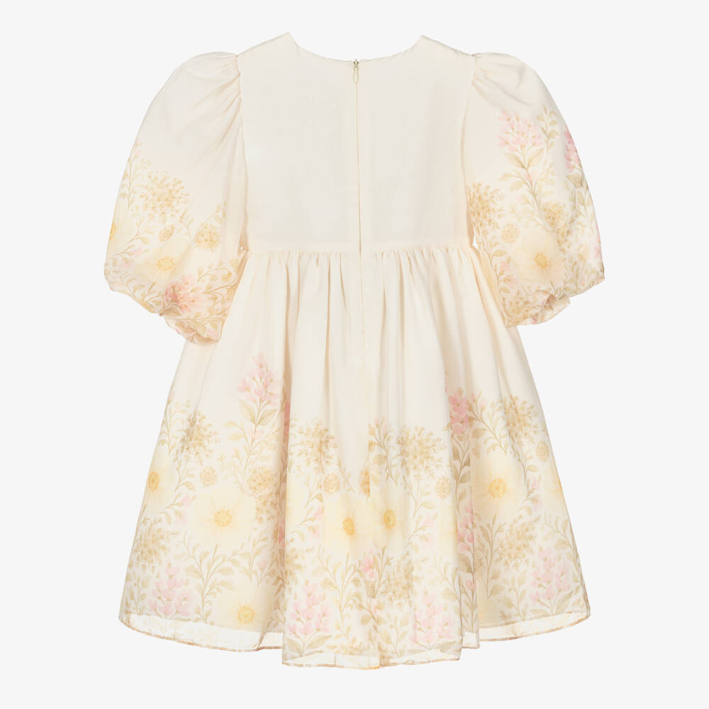 Patachou-Girls Ivory Floral Print Chiffon Dress with Ruched Bodice | Childrensalon