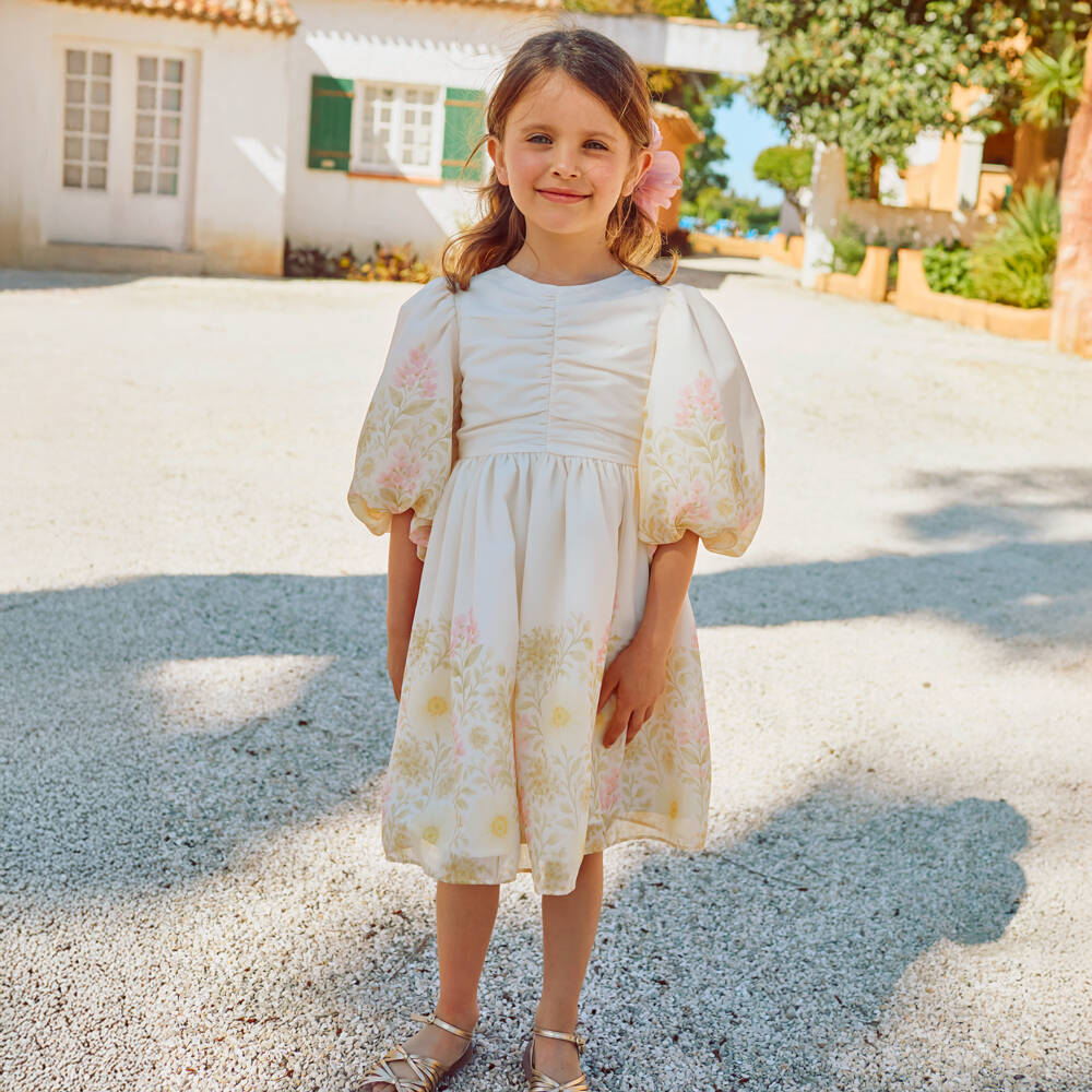 Patachou-Girls Ivory Floral Print Chiffon Dress with Ruched Bodice | Childrensalon