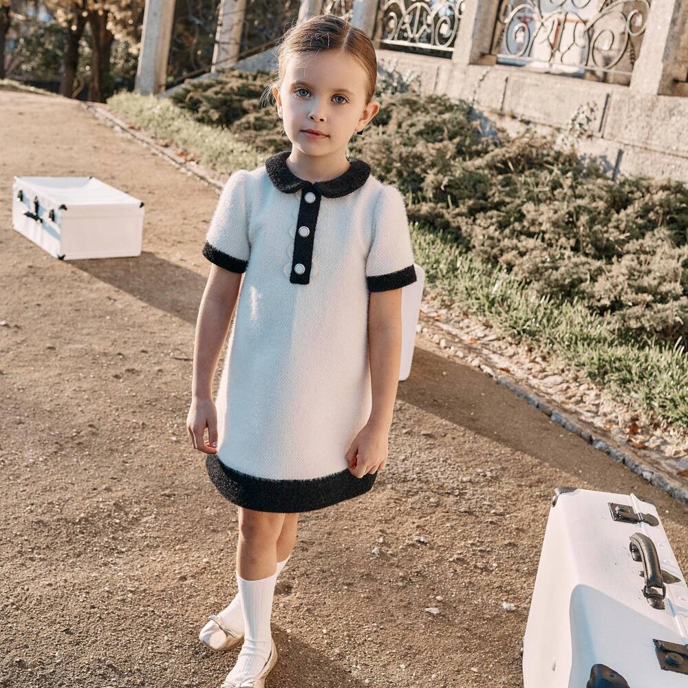 Patachou-Girls Ivory Fluffy Dress with Black Trims | Childrensalon