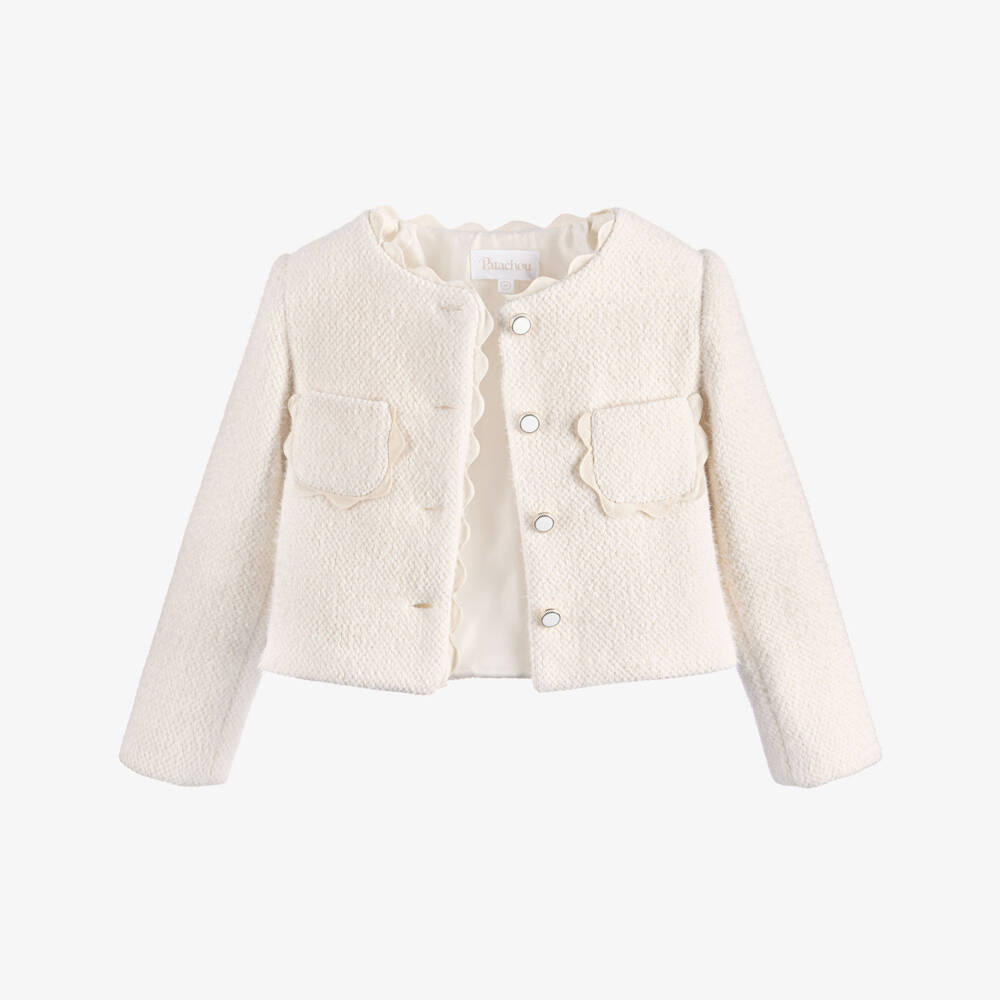Patachou-Girls Ivory Fluffy Short Jacket with Ricrac Trim | Childrensalon