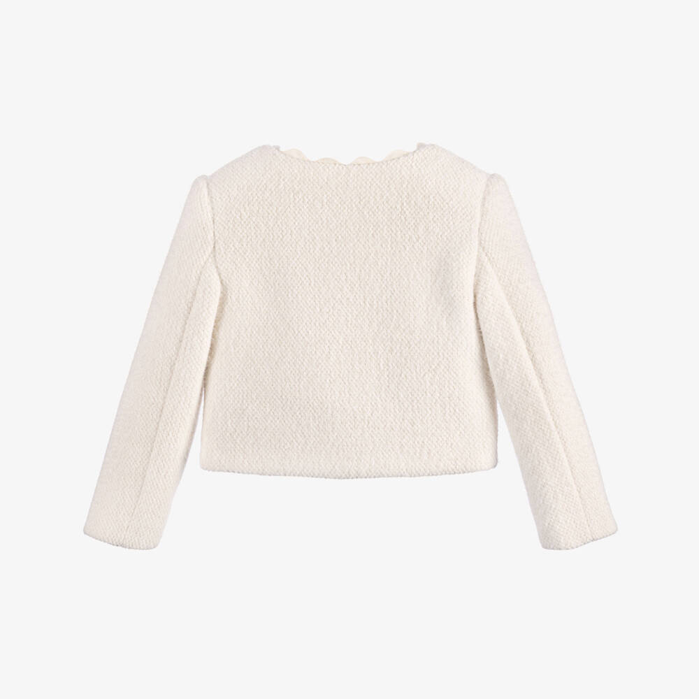 Patachou-Girls Ivory Fluffy Short Jacket with Ricrac Trim | Childrensalon