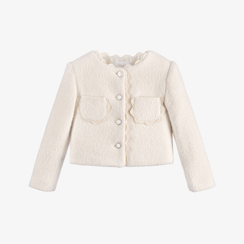 Patachou-Girls Ivory Fluffy Short Jacket with Ricrac Trim | Childrensalon
