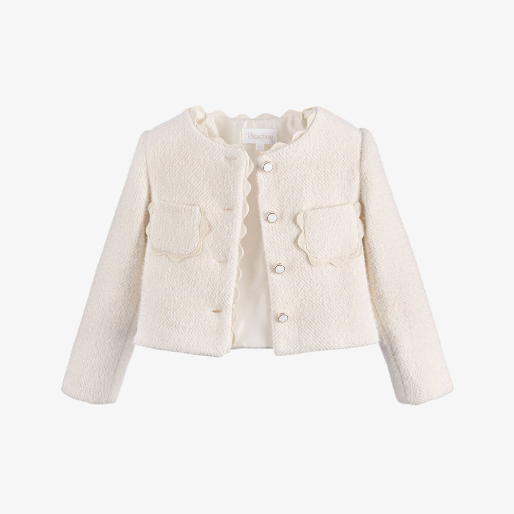 Patachou-Girls Ivory Fluffy Short Jacket with Ricrac Trim | Childrensalon