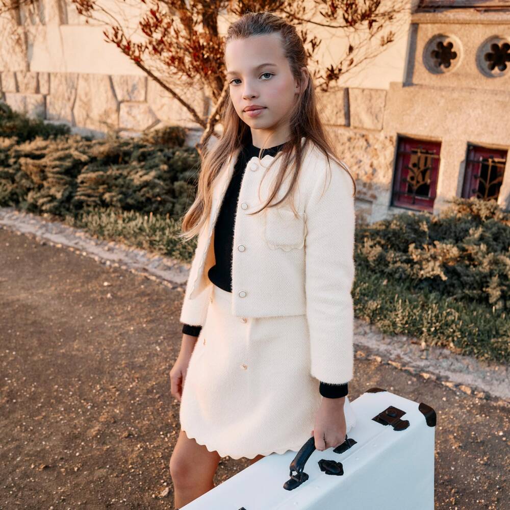 Patachou-Girls Ivory Fluffy Short Jacket with Ricrac Trim | Childrensalon