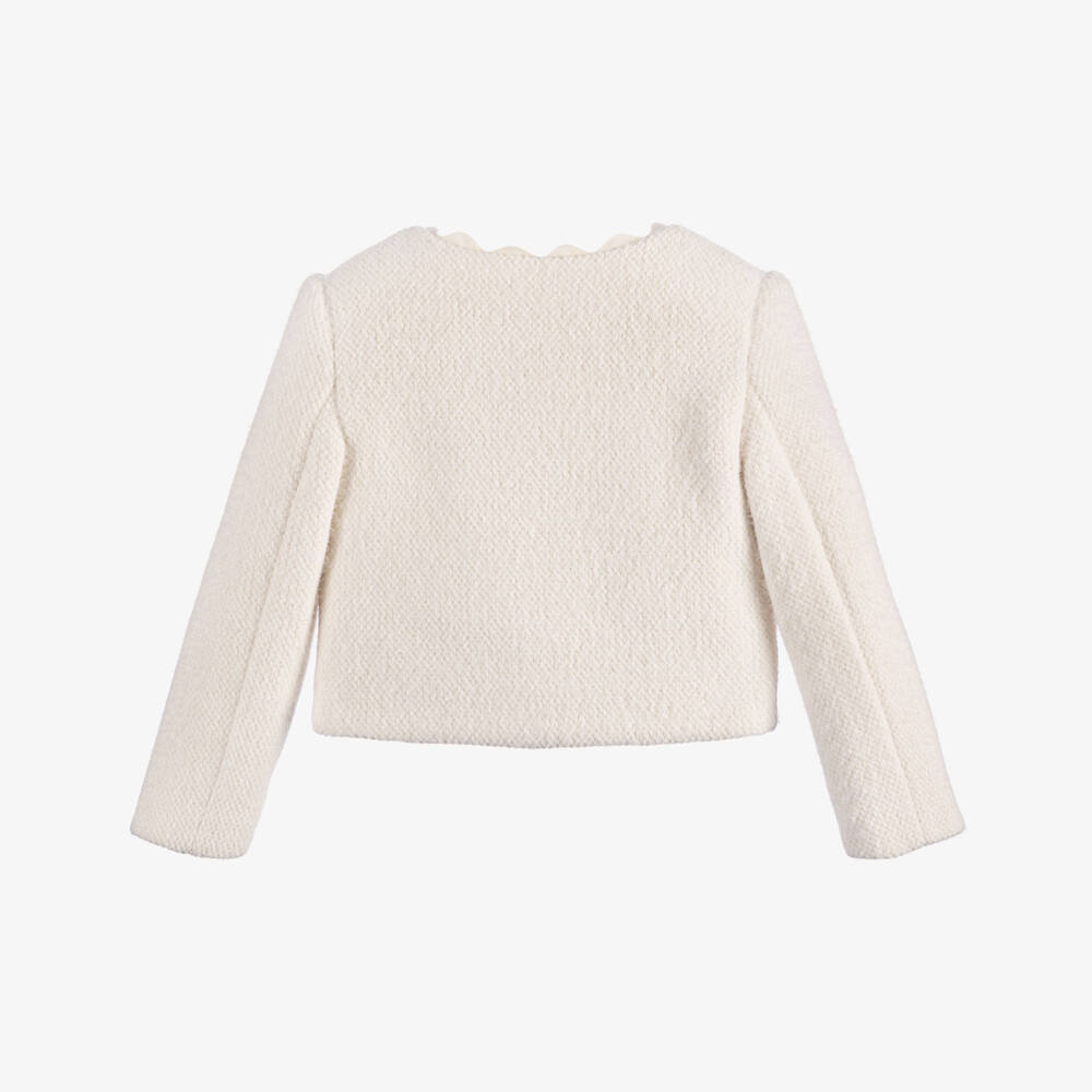 Patachou-Girls Ivory Fluffy Short Jacket with Ricrac Trim | Childrensalon