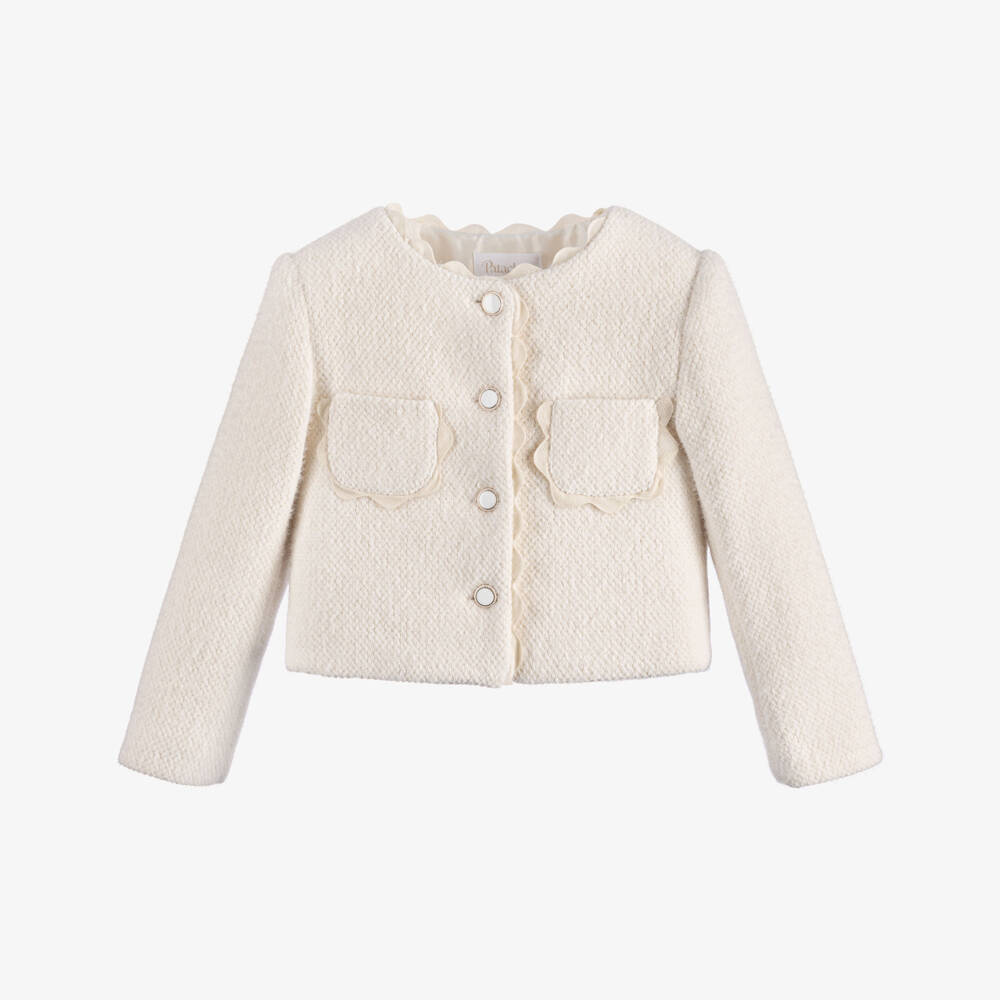Patachou-Girls Ivory Fluffy Short Jacket with Ricrac Trim | Childrensalon
