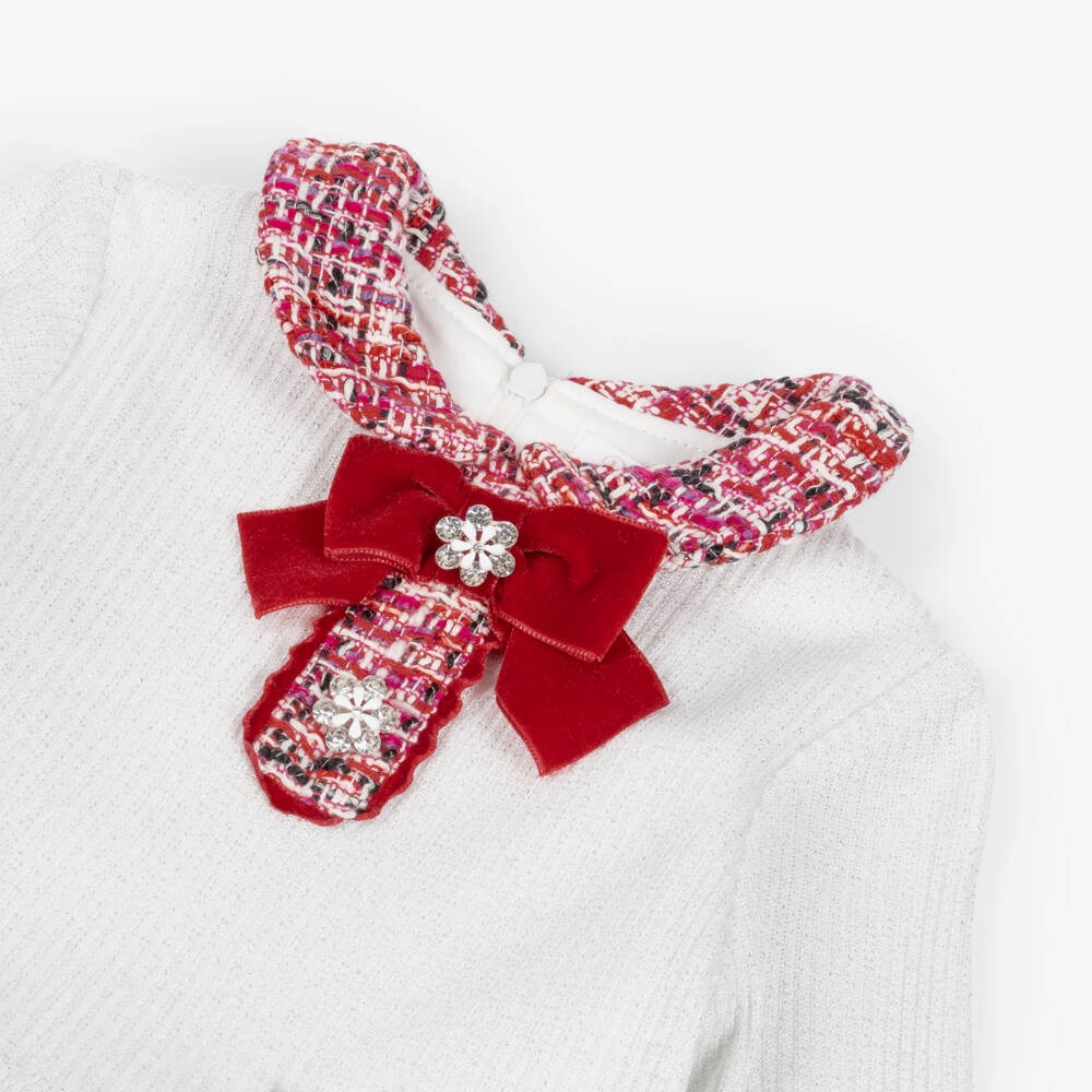 Patachou-Girls Ivory Glitter Knit & Red Tweed Dress | Childrensalon