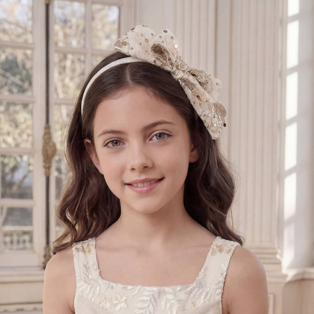 Patachou-Girls Ivory & Gold Bow Hairband with Sequins | Childrensalon