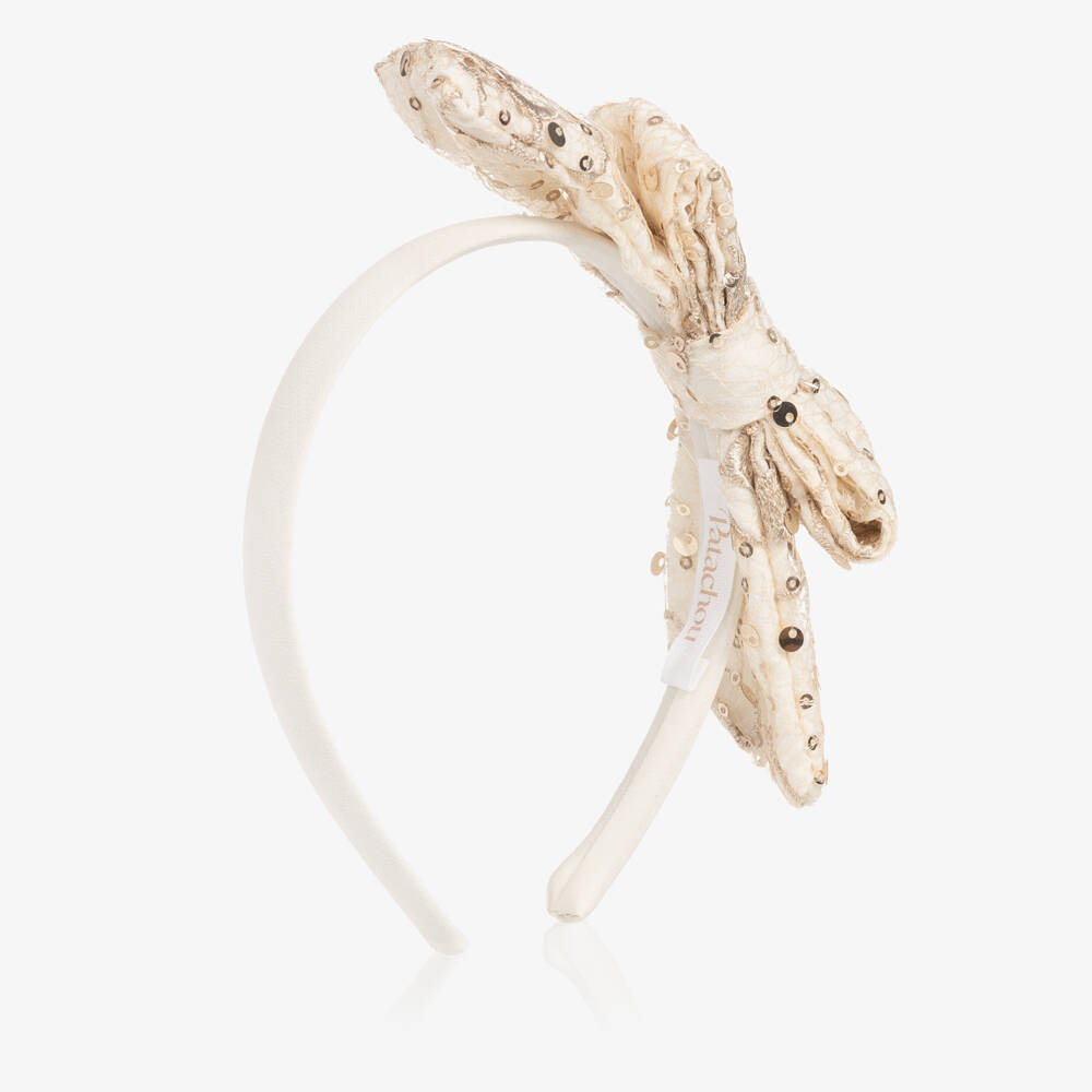 Patachou-Girls Ivory & Gold Bow Hairband with Sequins | Childrensalon