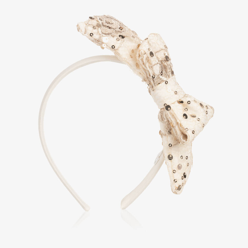 Patachou-Girls Ivory & Gold Bow Hairband with Sequins | Childrensalon