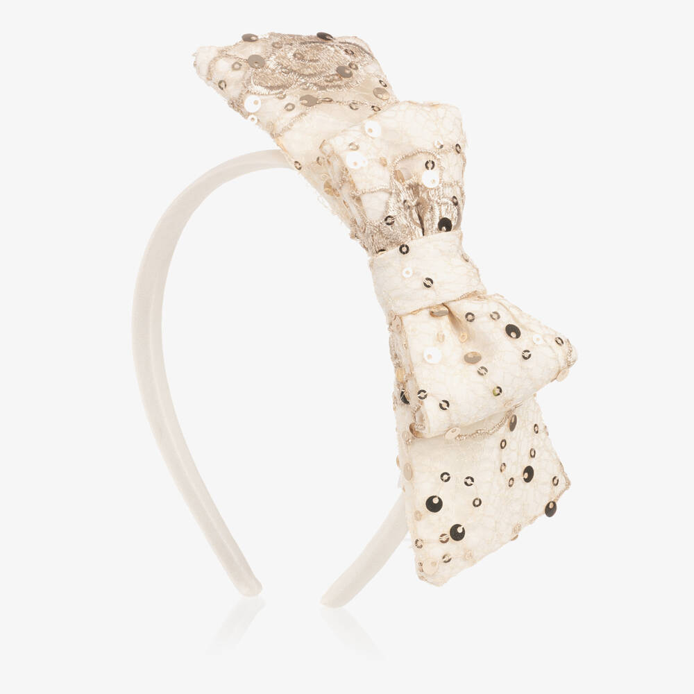 Patachou-Girls Ivory & Gold Bow Hairband with Sequins | Childrensalon