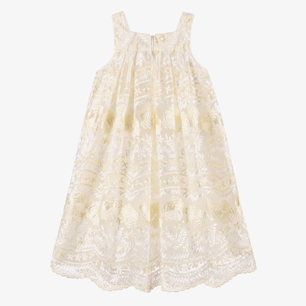 Patachou-Girls Ivory & Gold Floral Tulle Dress | Childrensalon