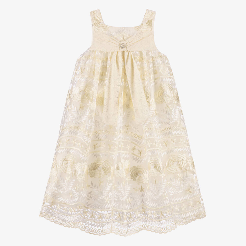 Patachou-Girls Ivory & Gold Floral Tulle Dress | Childrensalon
