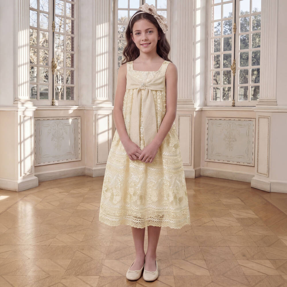 Patachou-Girls Ivory & Gold Floral Tulle Dress | Childrensalon