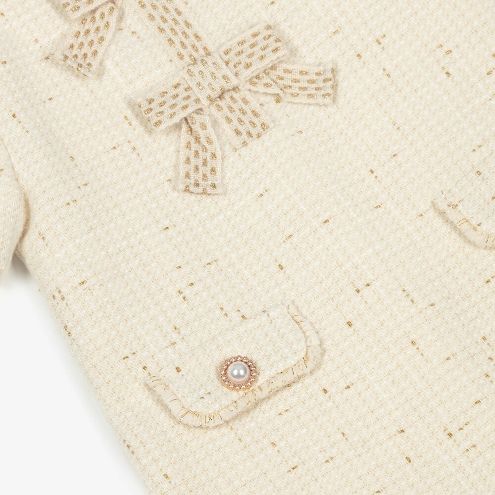 Patachou-فستان بفيونكة تويد لون عاجي وذهبي للبنات | Childrensalon