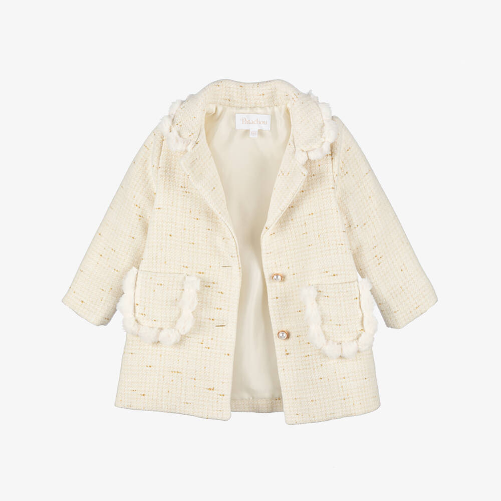 Patachou-Girls Ivory & Gold Tweed Coat with Faux Fur Trims | Childrensalon