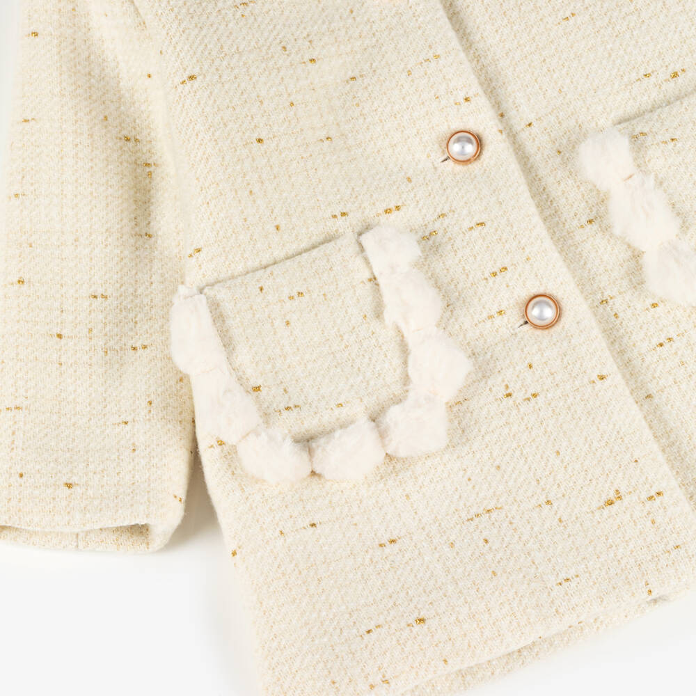 Patachou-Girls Ivory & Gold Tweed Coat with Faux Fur Trims | Childrensalon