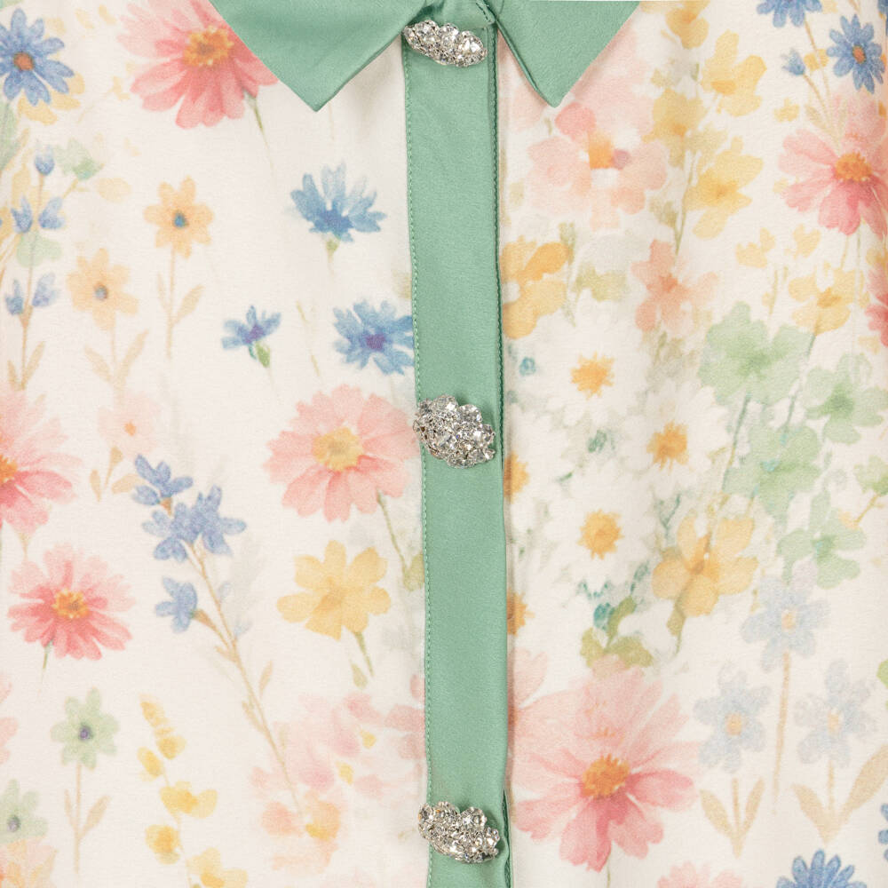 Patachou-Girls Ivory & Green Satin Trouser Set with Floral Print | Childrensalon