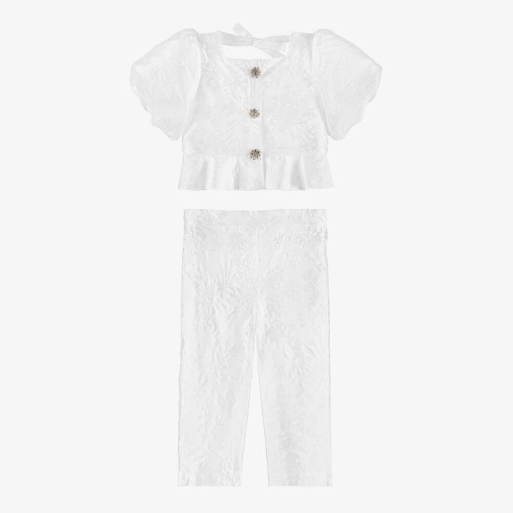Patachou-Girls Ivory Jacquard Satin Trouser Set | Childrensalon