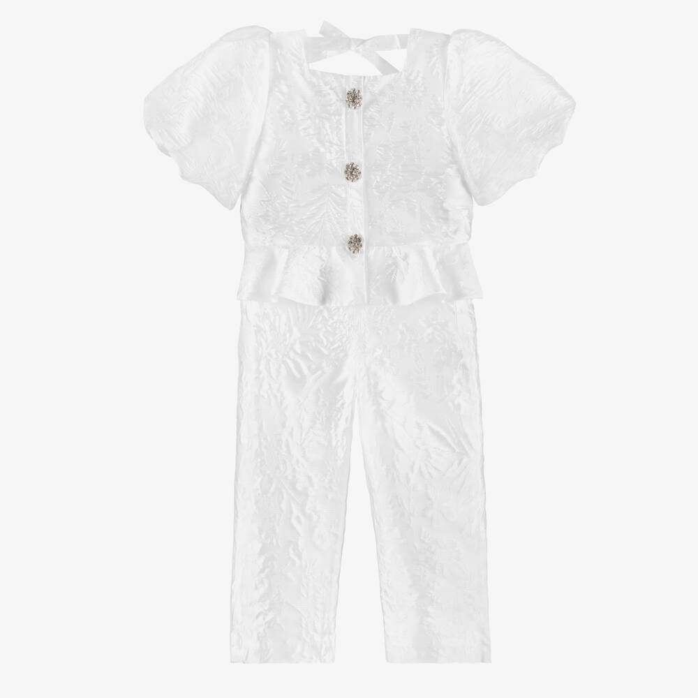 Patachou-Girls Ivory Jacquard Satin Trouser Set | Childrensalon