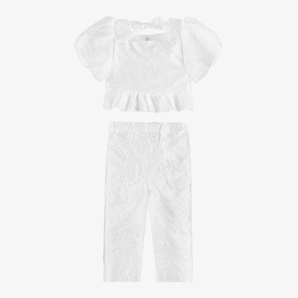 Patachou-Girls Ivory Jacquard Satin Trouser Set | Childrensalon