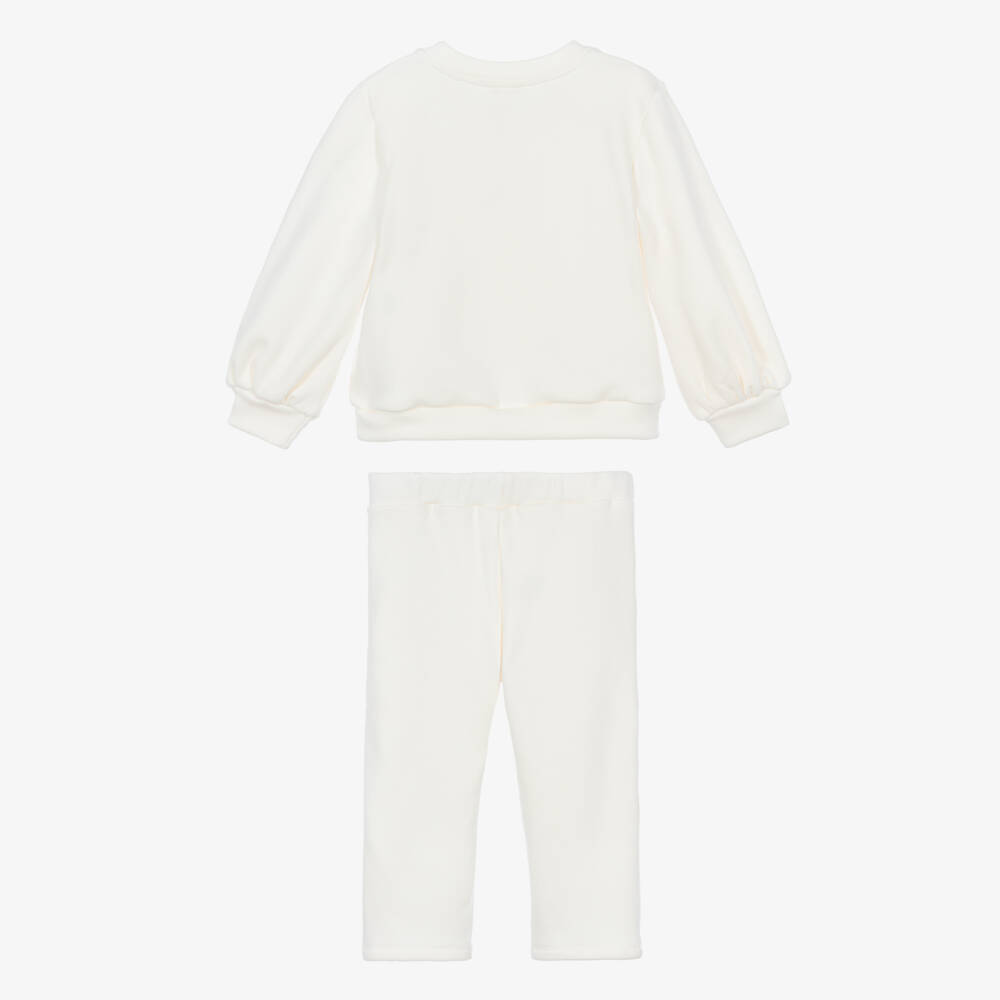 Patachou-Girls Ivory Jersey Tracksuit with Pink Sequin Stars | Childrensalon
