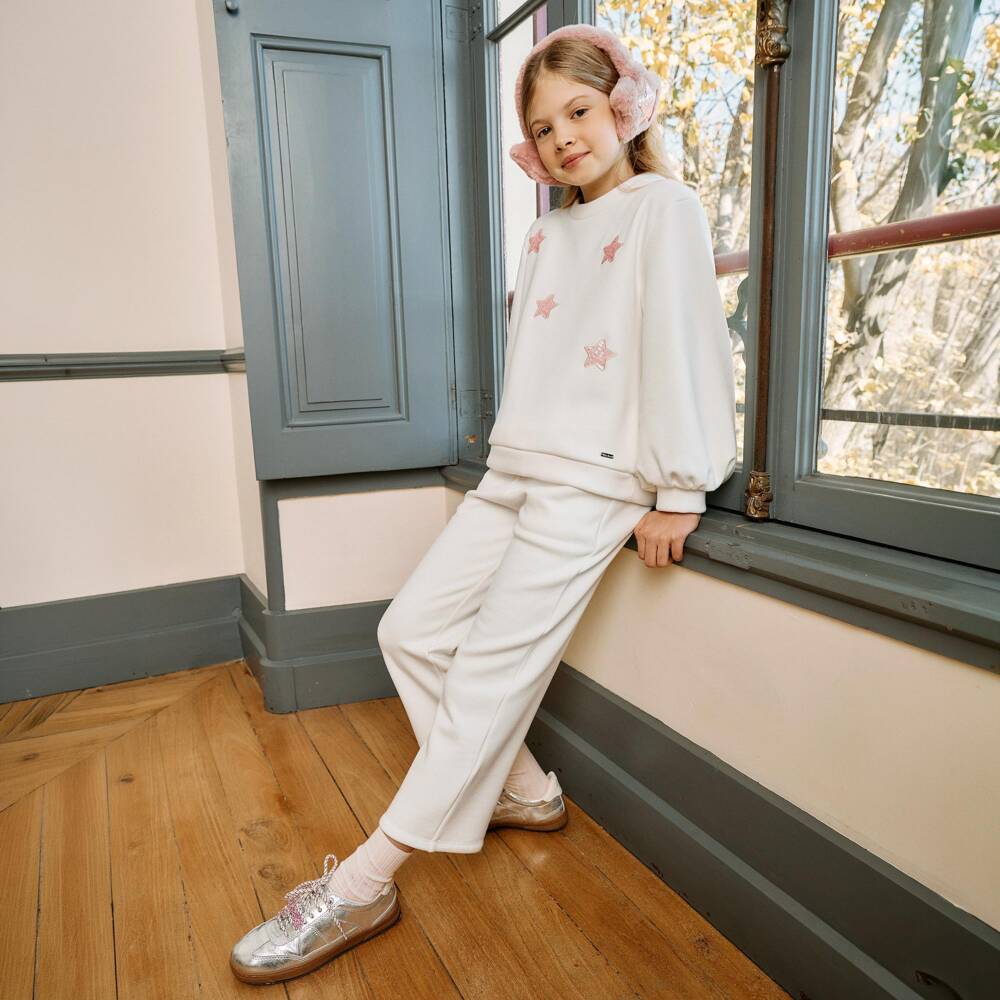 Patachou-Girls Ivory Jersey Tracksuit with Pink Sequin Stars | Childrensalon