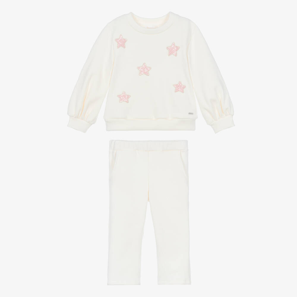 Patachou-Girls Ivory Jersey Tracksuit with Pink Sequin Stars | Childrensalon