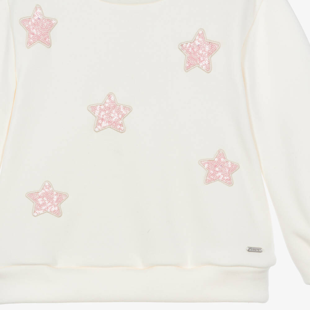Patachou-Girls Ivory Jersey Tracksuit with Pink Sequin Stars | Childrensalon