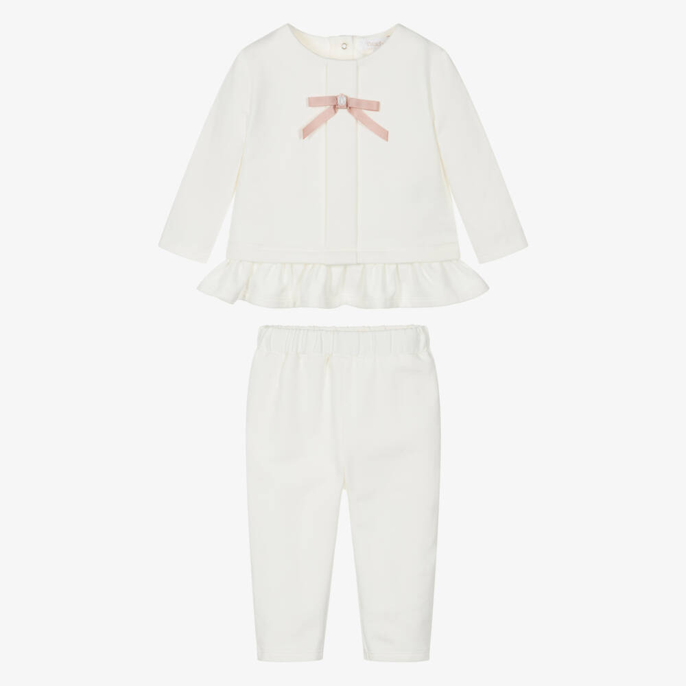 Patachou-Girls Ivory Jersey Trouser Set with Pink Grosgrain Bow | Childrensalon