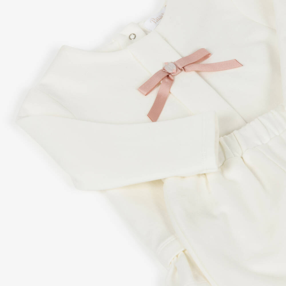 Patachou-Girls Ivory Jersey Trouser Set with Pink Grosgrain Bow | Childrensalon