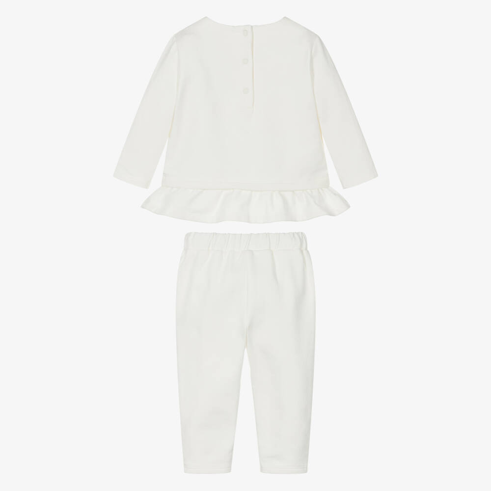 Patachou-Girls Ivory Jersey Trouser Set with Pink Grosgrain Bow | Childrensalon