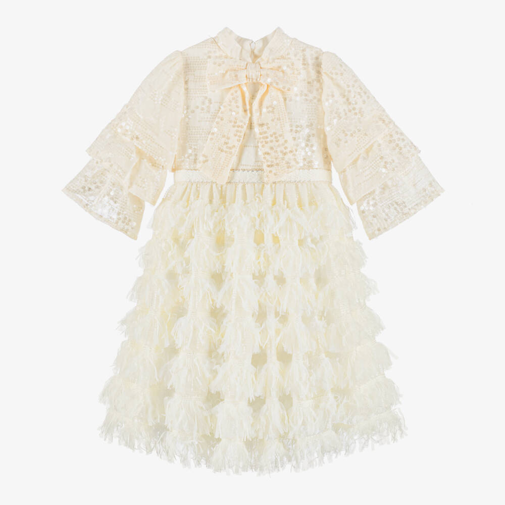 Patachou-Girls Ivory Layered Dress with Sequins & Feathered Tulle | Childrensalon