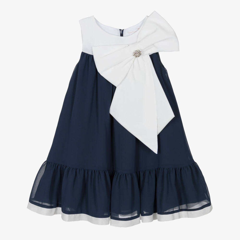Patachou-Girls Ivory & Navy Blue Chiffon Dress with Statement Bow | Childrensalon