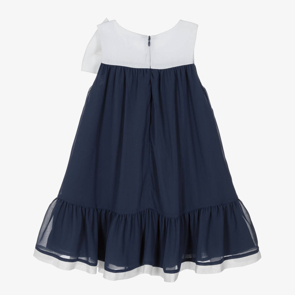 Patachou-Girls Ivory & Navy Blue Chiffon Dress with Statement Bow | Childrensalon