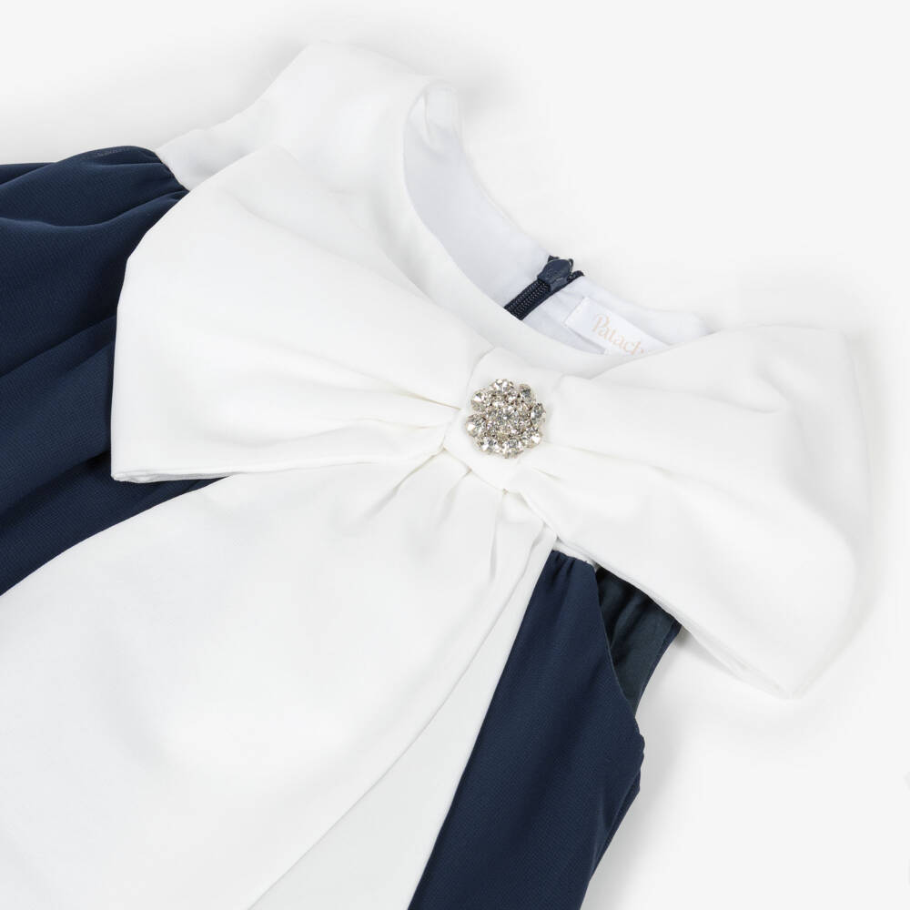 Patachou-Girls Ivory & Navy Blue Chiffon Dress with Statement Bow | Childrensalon
