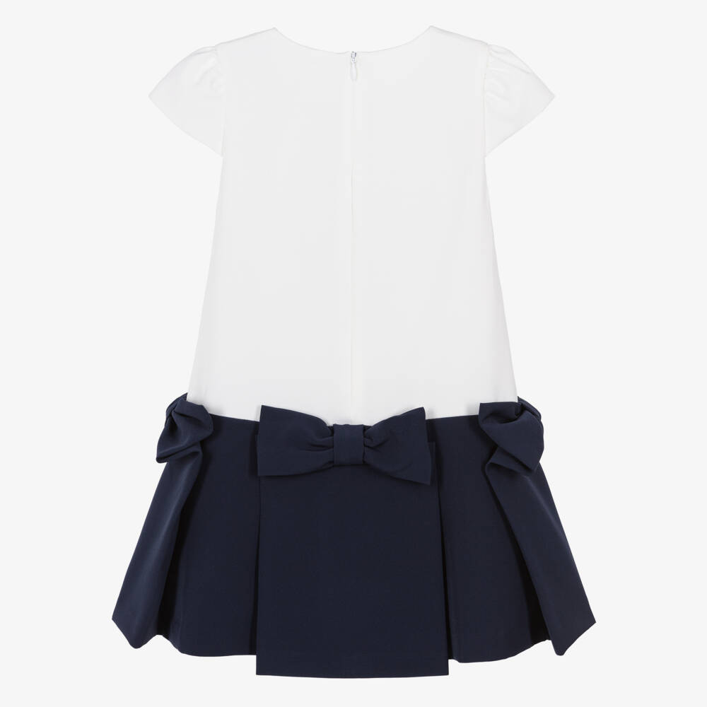 Patachou-Girls Ivory & Navy Blue Crêpe Dress with Bow Details | Childrensalon