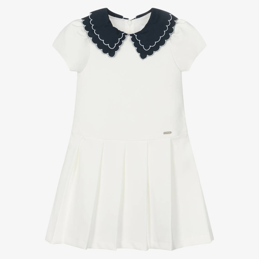 Patachou-Girls Ivory & Navy Blue Scallop Collar Dress | Childrensalon