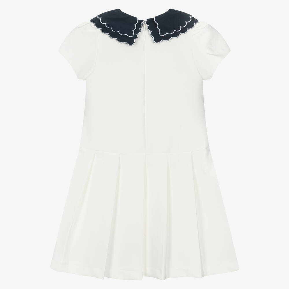 Patachou-Girls Ivory & Navy Blue Scallop Collar Dress | Childrensalon