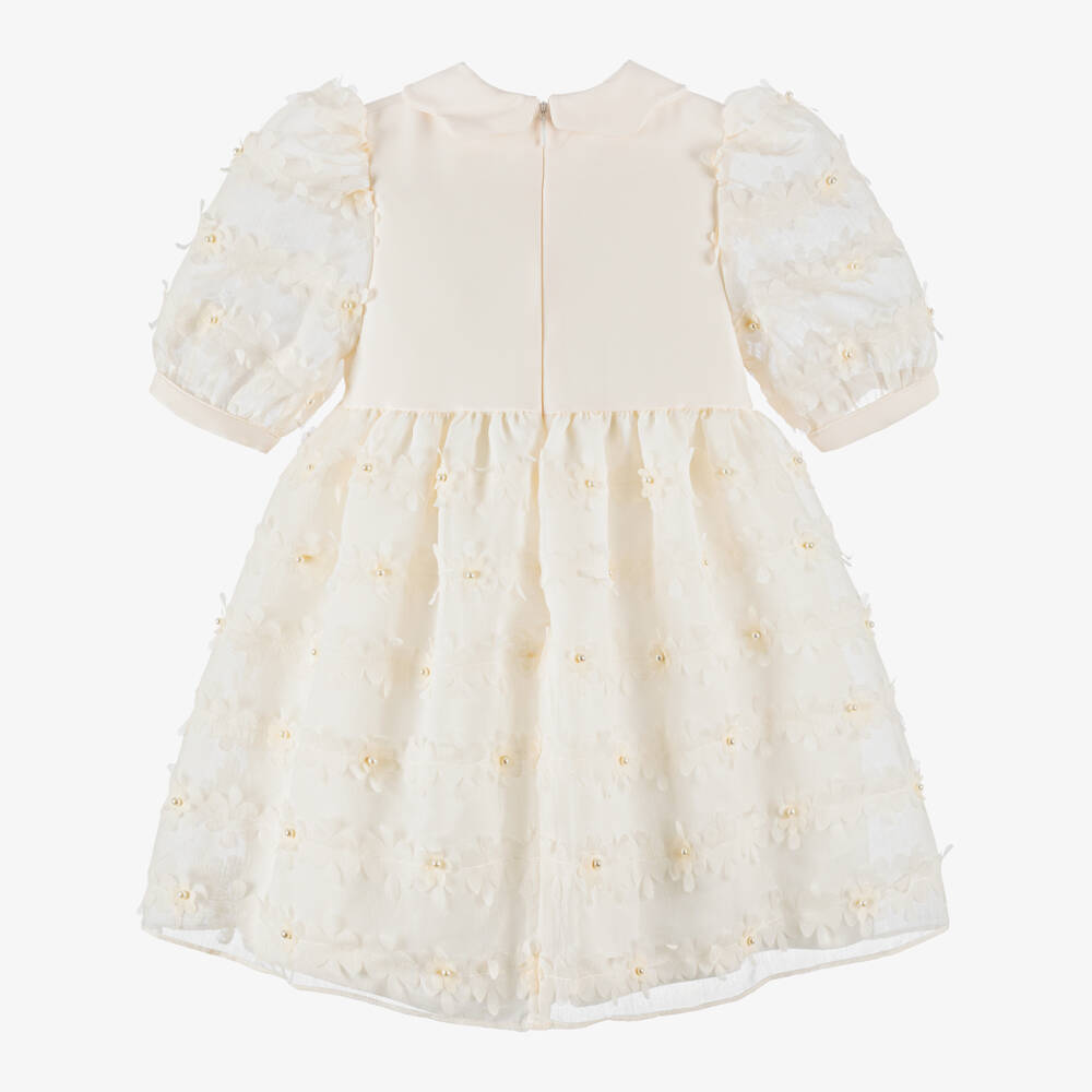 Patachou-Girls Ivory Organza Dress with Flower Appliqués | Childrensalon