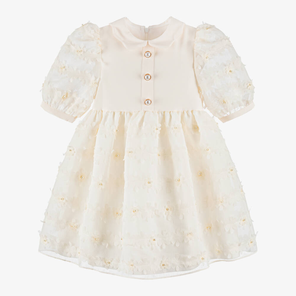 Patachou-Girls Ivory Organza Dress with Flower Appliqués | Childrensalon