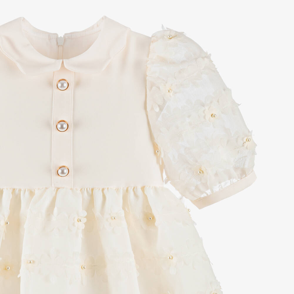 Patachou-Girls Ivory Organza Dress with Flower Appliqués | Childrensalon