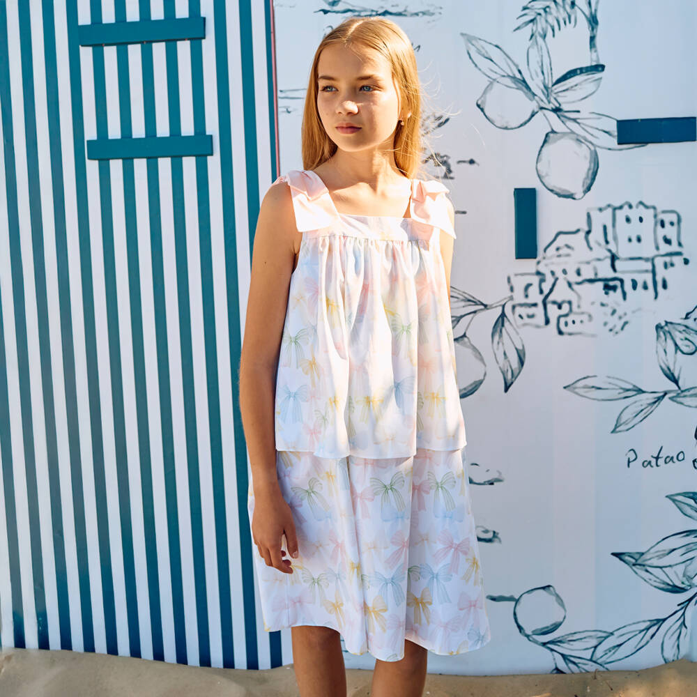 Patachou-Girls Ivory & Pastel Bow Print Layered Cotton Dress | Childrensalon